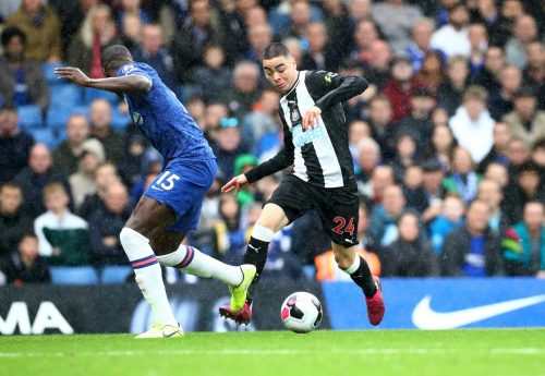 Newcastle United's Miguel Almiron in action with Chelsea's Kurt Zouma