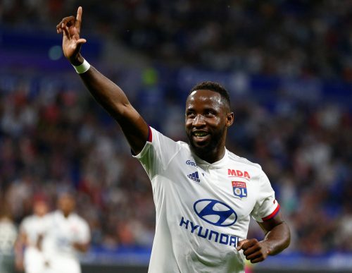Olympique Lyonnais' Moussa Dembele celebrates scoring their second v Angers