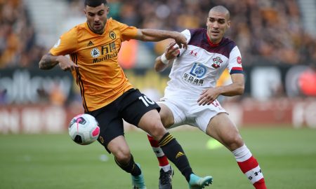 Wolverhampton Wanderers' Patrick Cutrone in action with Southampton's Oriol Romeu