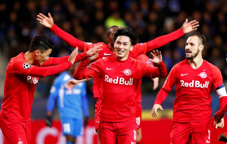 Minamino celebrates scoring for Salzburg