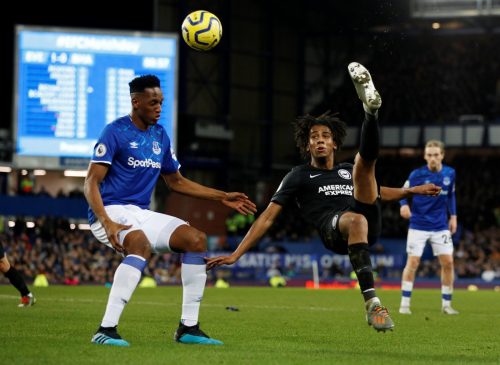Yerry Mina and Bernardo during Everton v Brighton