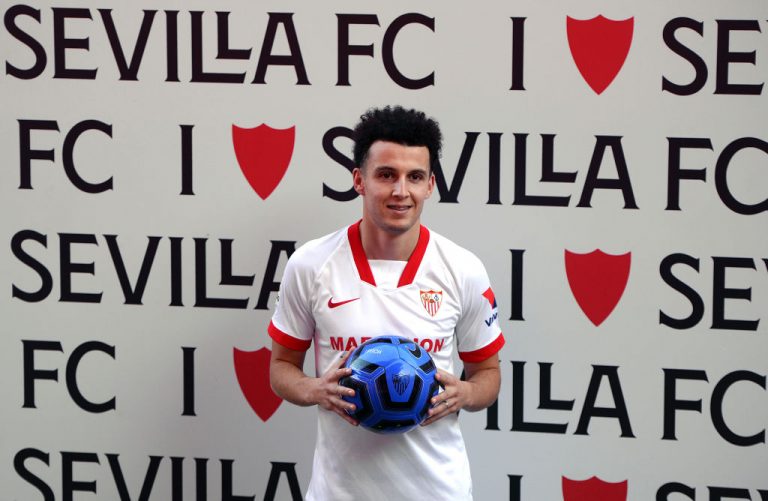 Moroccan-forward-Oussama-Idrissi-poses-during-his-official-presentation-as-new-player-of-Sevilla-FC-at-the-Ramon-Sanchez-Pizjuan-stadium-in-Seville