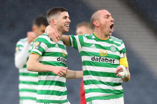 Celtic's-Ryan-Christie-celebrates-scoring-their-first-goal-with-teammate-Scott-Brown