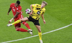 bayern munich defender and spurs target jerome boateng tussles with erling haaland