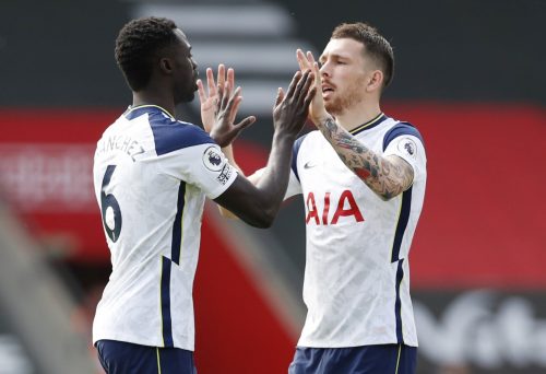 pierre-emile hojbjerg and davinson sanchez in action for spurs