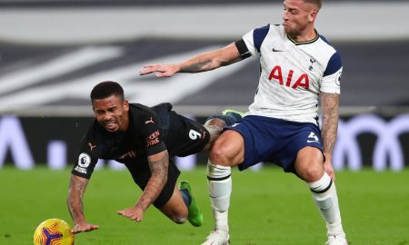 spurs defender toby alderweireld tussles with gabriel jesus against man city