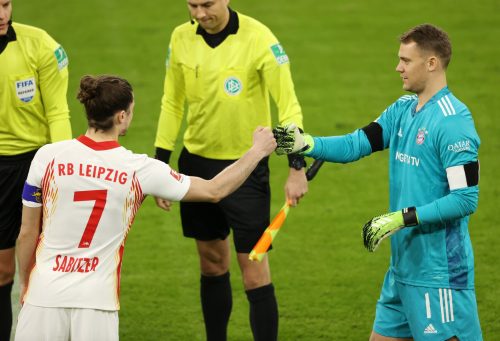 marcel sabitzer pre kick off with bayern keeper manuel neuer