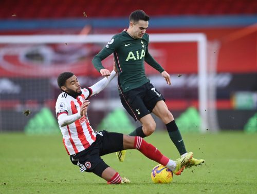 sergio reguilon in action for spurs against sheffield united