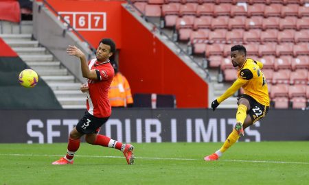 Wolverhampton-Wanderers-are-awarded-a-penalty-after-a-shot-from-Wolverhampton-Wanderers'-Nelson-Semedo-hits-the-hand-of-Southamptons-Ryan-Bertrand