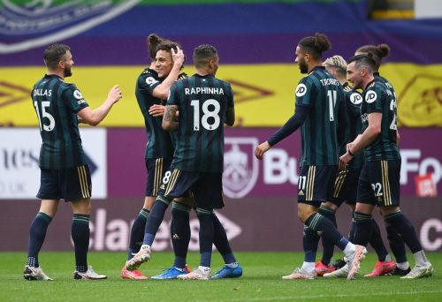 Leeds players celebrate scoring against Burnley