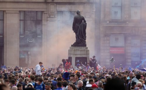 Rangers fans celebrate their Premiership triumph