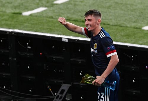 Scotland midfielder Billy Gilmour celebrates at Wembley