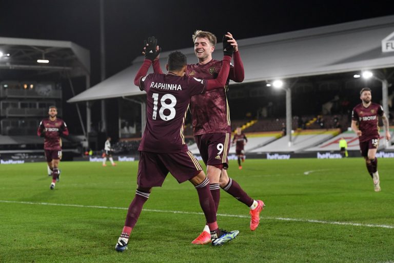 Patrick Bamford and Raphinha celebrate Leeds United goal
