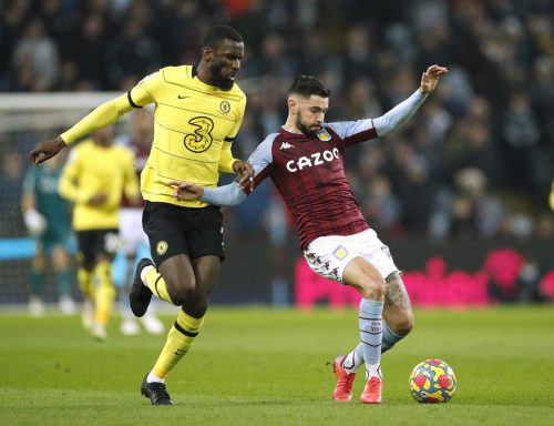 chelsea defender antonio rudiger battles against aston villa