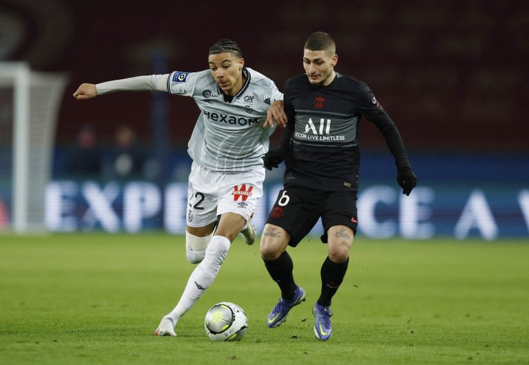 Newcastle target hugo ekitike tussles with marco verratti