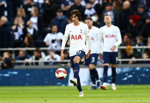 bryan gil in action for spurs against morecambe