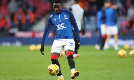 Rangers forward Fashion Sakala warms up