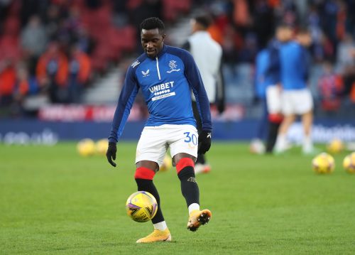 Rangers forward Fashion Sakala warms up
