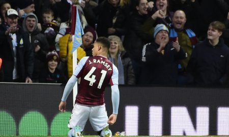 Aston Villa midfielder Jacob Ramsey celebrates