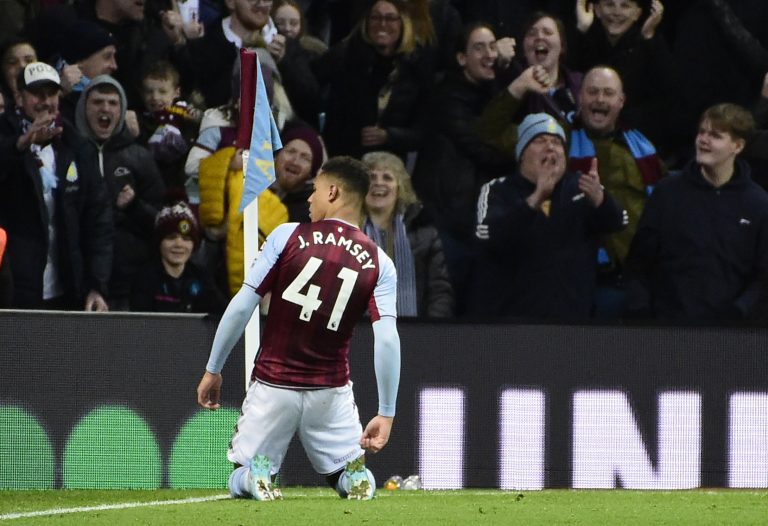 Aston Villa midfielder Jacob Ramsey celebrates