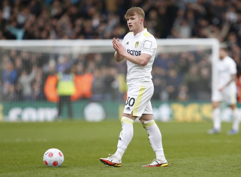 Leeds striker Joe Gelhardt applauds fans