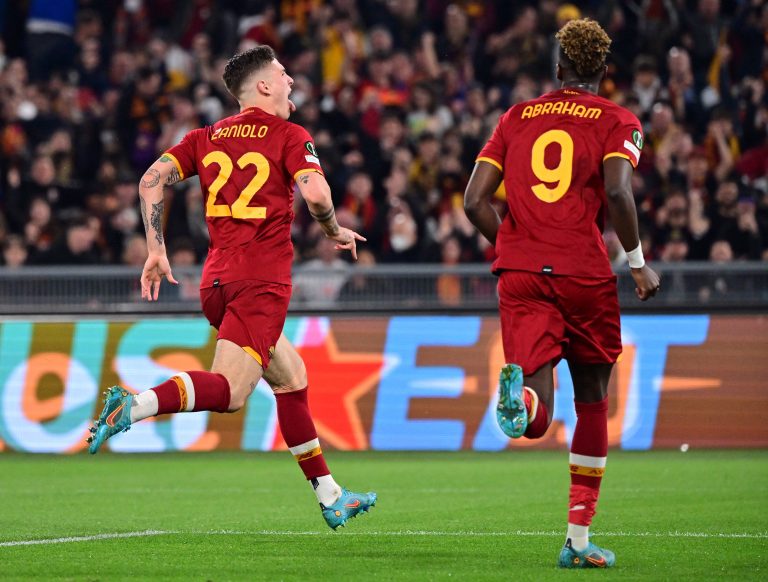 Roma star Nicolo Zaniolo celebrates