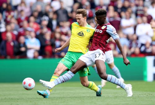 Aston Villa starlet Tim Iroegbunam battles against Norwich