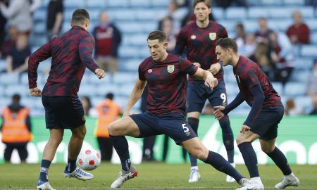 Aston Villa transfer target James Tarkowski during Burnley's warm-up
