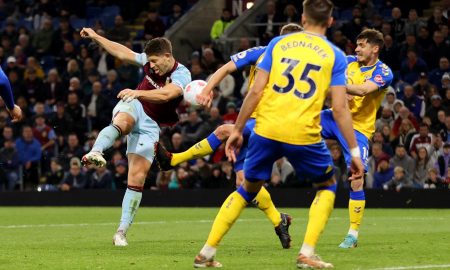 Burnley defender James Tarkowski shoots