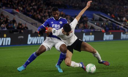 Rennes defender Nayef Aguerd battles Kelechi Iheanacho