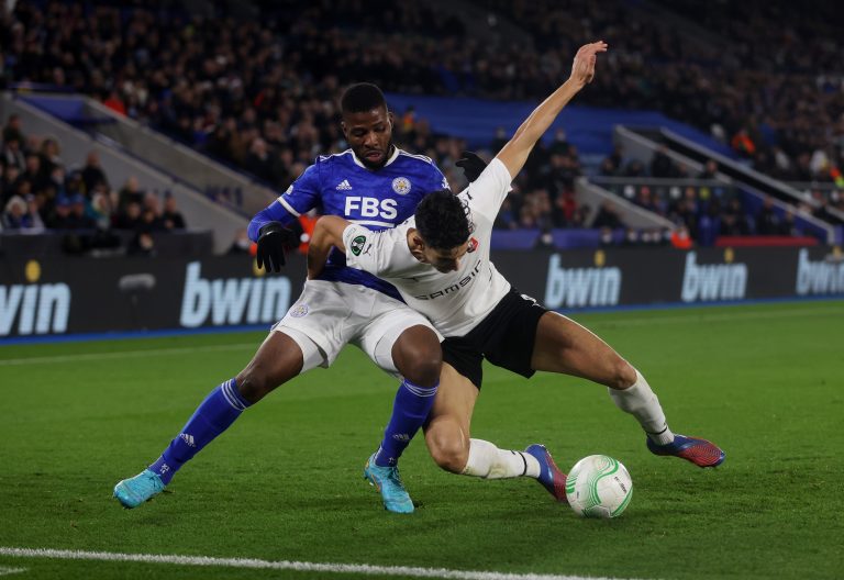 Rennes defender Nayef Aguerd battles Kelechi Iheanacho