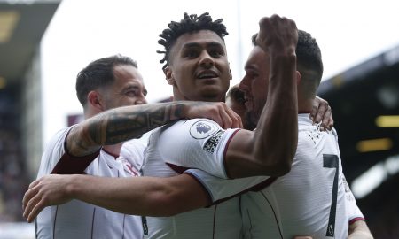 Aston Villa players celebrate scoring vs Burnley