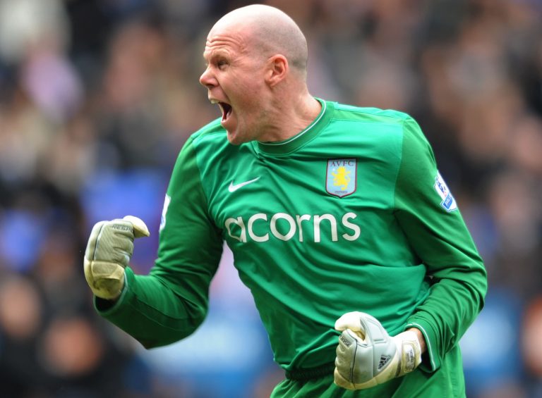 Brad Friedel celebrates Aston Villa's goal versus Bolton