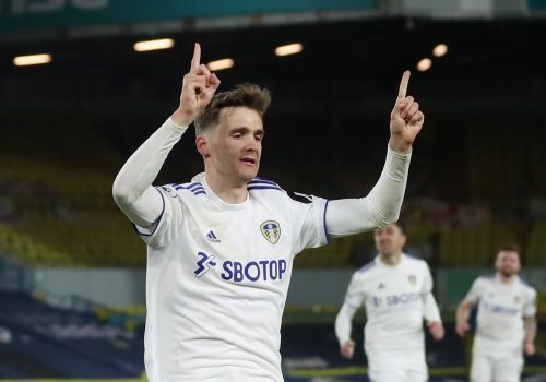 Diego Llorente celebrates scoring Leeds' first goal versus Liverpool
