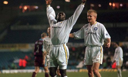 Jimmy Floyd Hasselbaink celebrates scoring for Leeds United