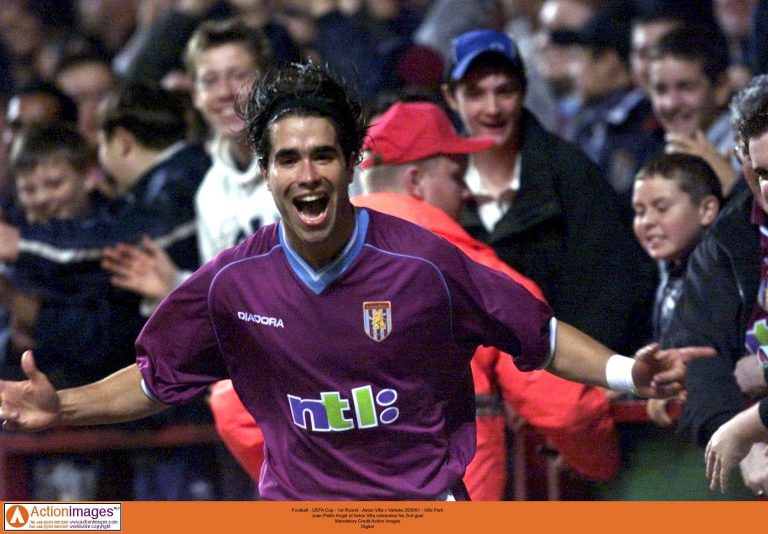 Juan Pablo Angel celebrates scoring for Aston Villa