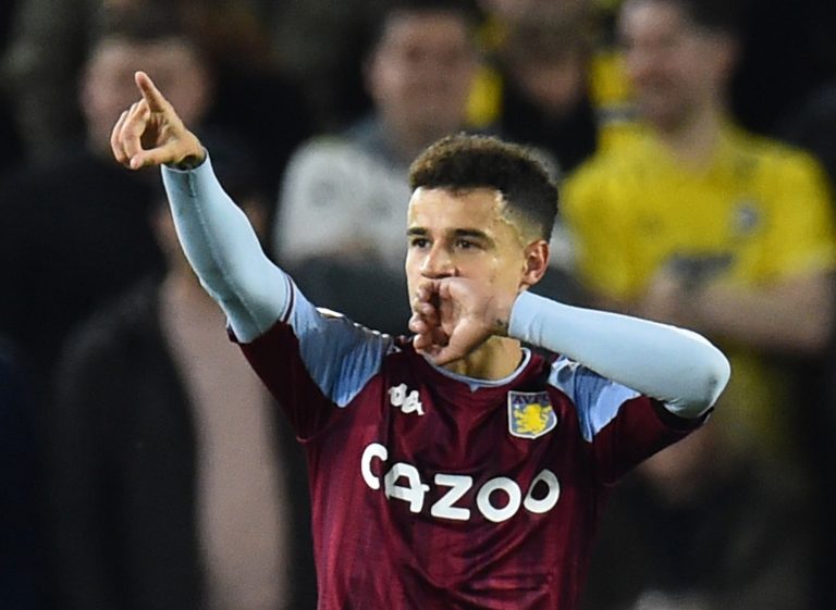 Philippe Coutinho celebrates for Aston Villa vs Leeds