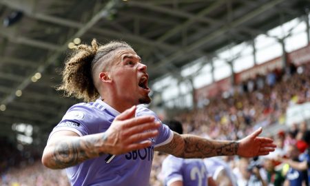 Kalvin Phillips celebrates Leeds United staying up vs Brentford