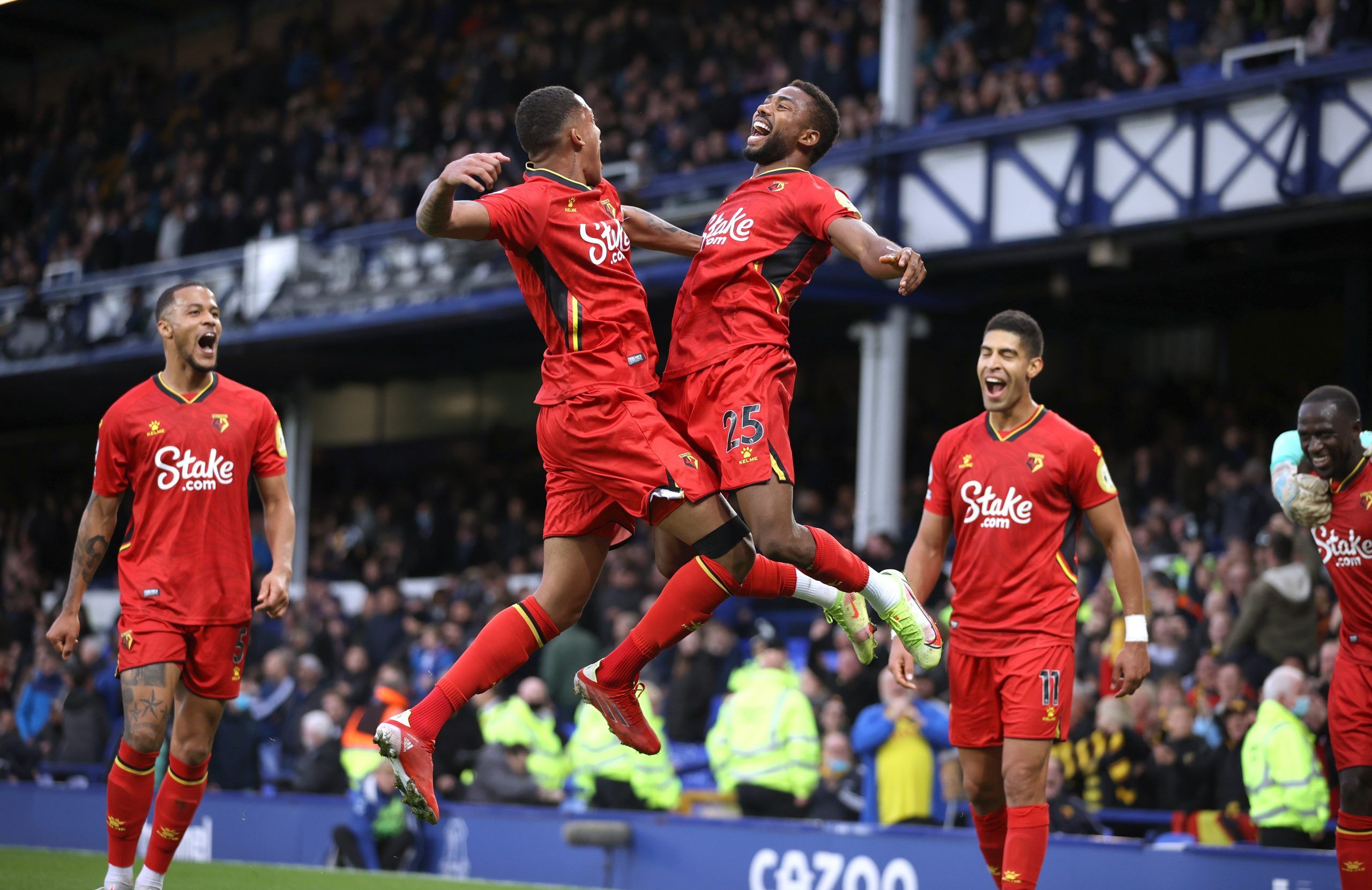 Emmanuel Dennis celebrates a goal against Everton
