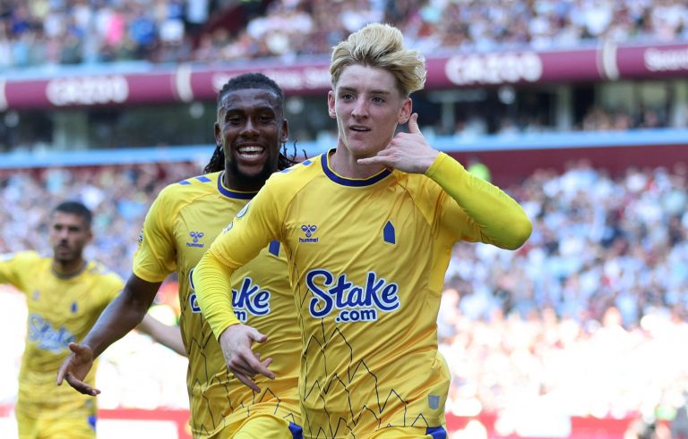 Spurs target Anthony Gordon celebrates a goal for Everton