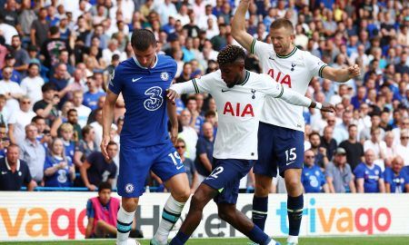 Tottenham defender Emerson Royal battles against Chelsea