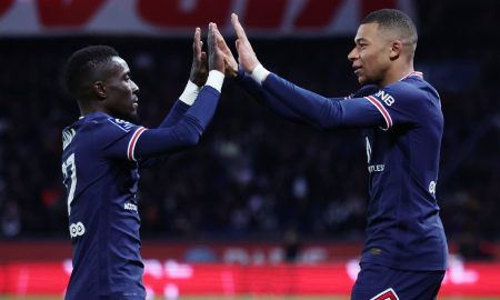 Everton transfer target Idrissa Gueye celebrates with Kylian Mbappe