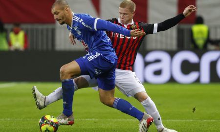 Everton transfer target Ludovic Ajorque in action for Strasbourg