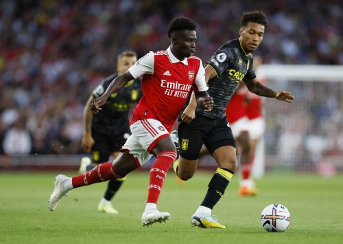 Boubacar Kamara of Aston Villa and Bukayo Saka of Arsenal