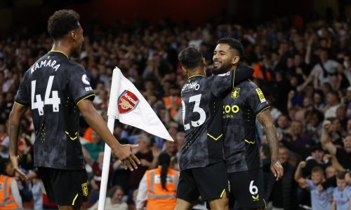 Douglas Luiz celebrates scoring against Arsenal