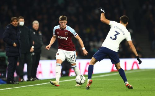 West Ham's Harrison Ashby takes on Sergio Reguilon
