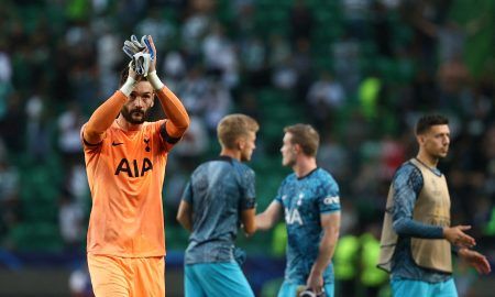 Hugo Lloris applauds Tottenham supporters against Sporting Lisbon