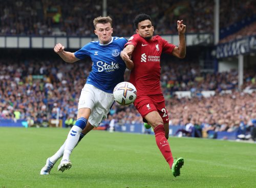 Everton's Nathan Patterson vies for the ball with Luis Diaz