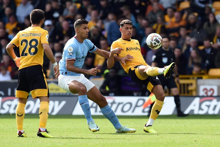 Man City star Rodri battles against Wolves