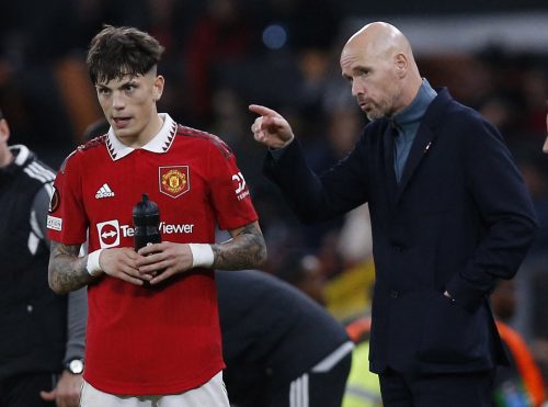 Manchester United's Alejandro Garnacho with manager Erik ten Hag